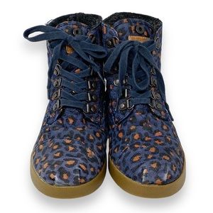 Toms Highland Botas Faux Fur Lined Leopard Lace Up Ankle Boot Booties Blue Sz 7